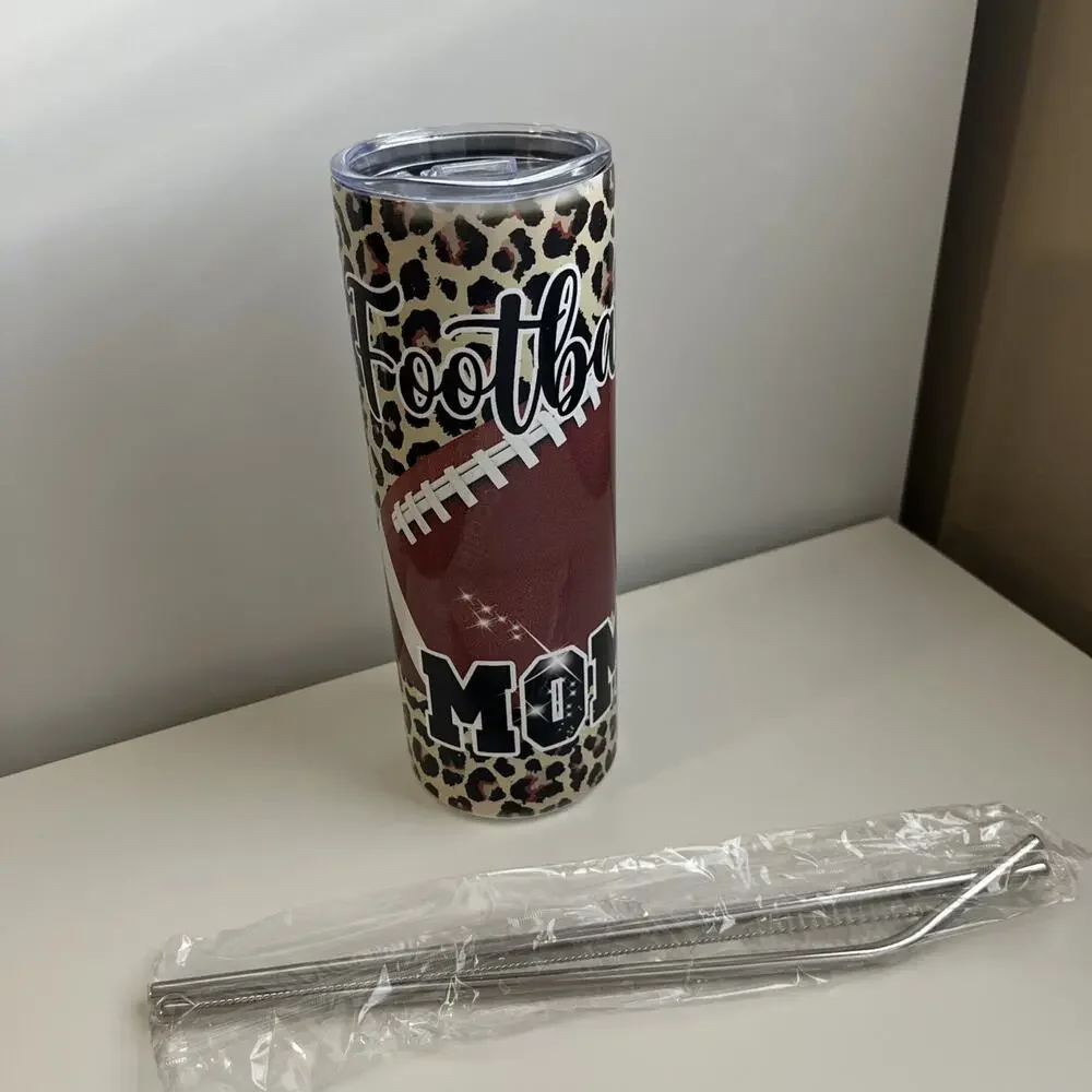 Custom Printed 20oz Tumbler Football Mom Design Lid Straws And Straw Cleaner